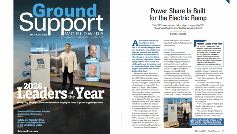 front page of the ground support worldwide magazine and the article about itw gse having the product leader of the year award with the power share unit.